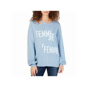 INC Womens Blue Distressed Printed Long Sleeve Jewel Neck Sweater M